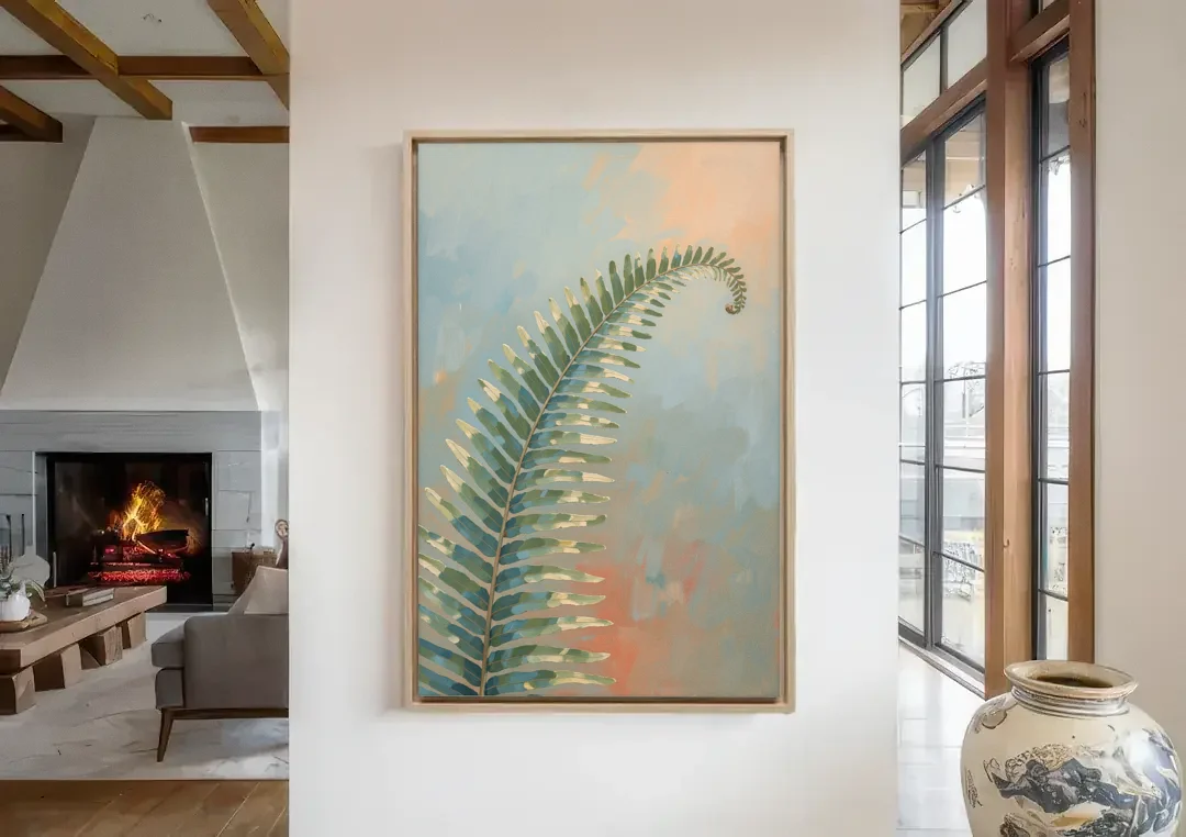 Botanical Arching Fern Frond in Early Light canvas wall art in a living room with a fireplace