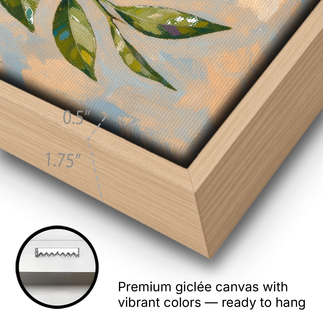 Botanical Art Prints Clementine Branch in Bloom - Oak Framed Canvas Wall Art - Gallery Wrap Corner