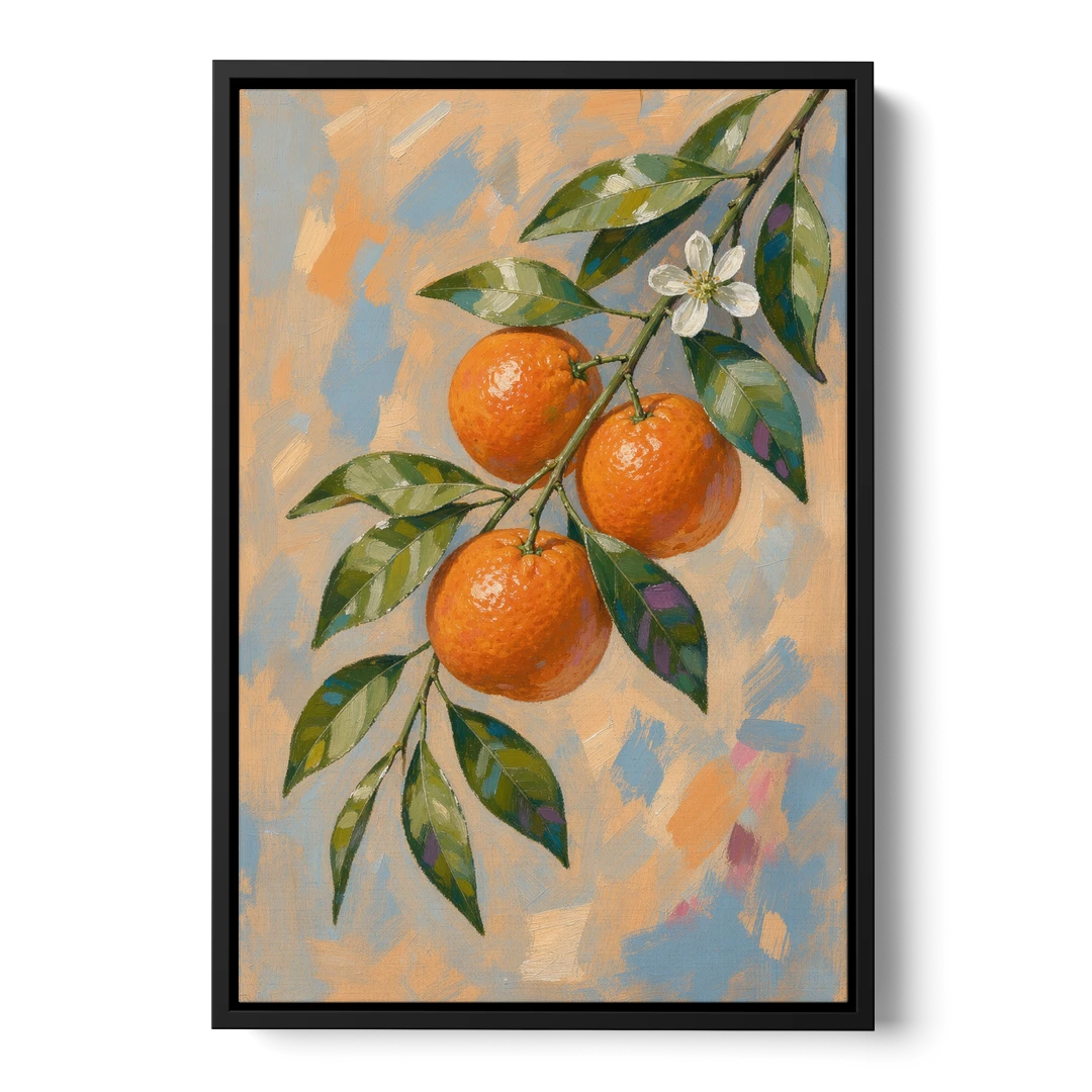 Botanical Art Prints Clementine Branch in Bloom - Black Framed Canvas Wall Art - Front