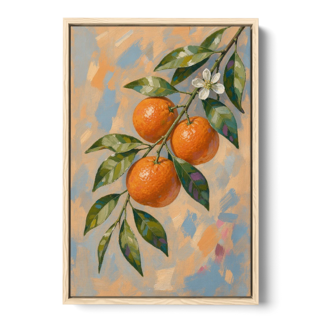 Botanical Art Prints Clementine Branch in Bloom - Oak Framed Canvas Wall Art - Front