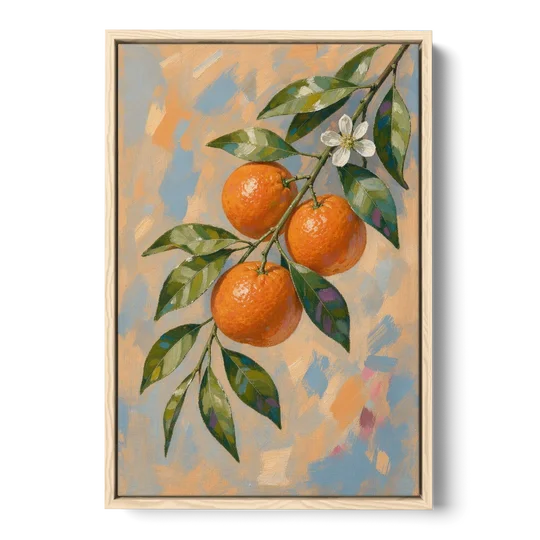Botanical Art Prints Clementine Branch in Bloom - Oak Framed Canvas Wall Art - Front
