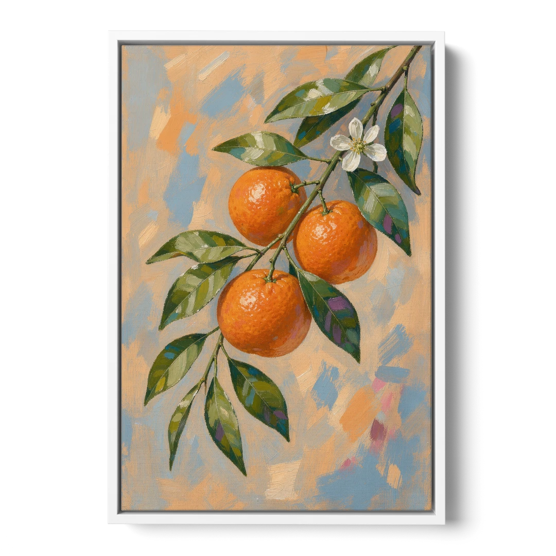 Botanical Art Prints Clementine Branch in Bloom - White Framed Canvas Wall Art - Front