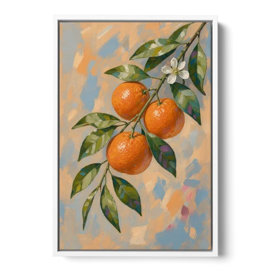 Botanical Art Prints Clementine Branch in Bloom - White Framed Canvas Wall Art - Front