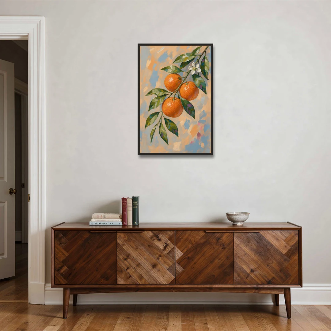 Botanical Art Prints Clementine Branch in Bloom - Black Framed Canvas Wall Art - Coffee Table - 24x36