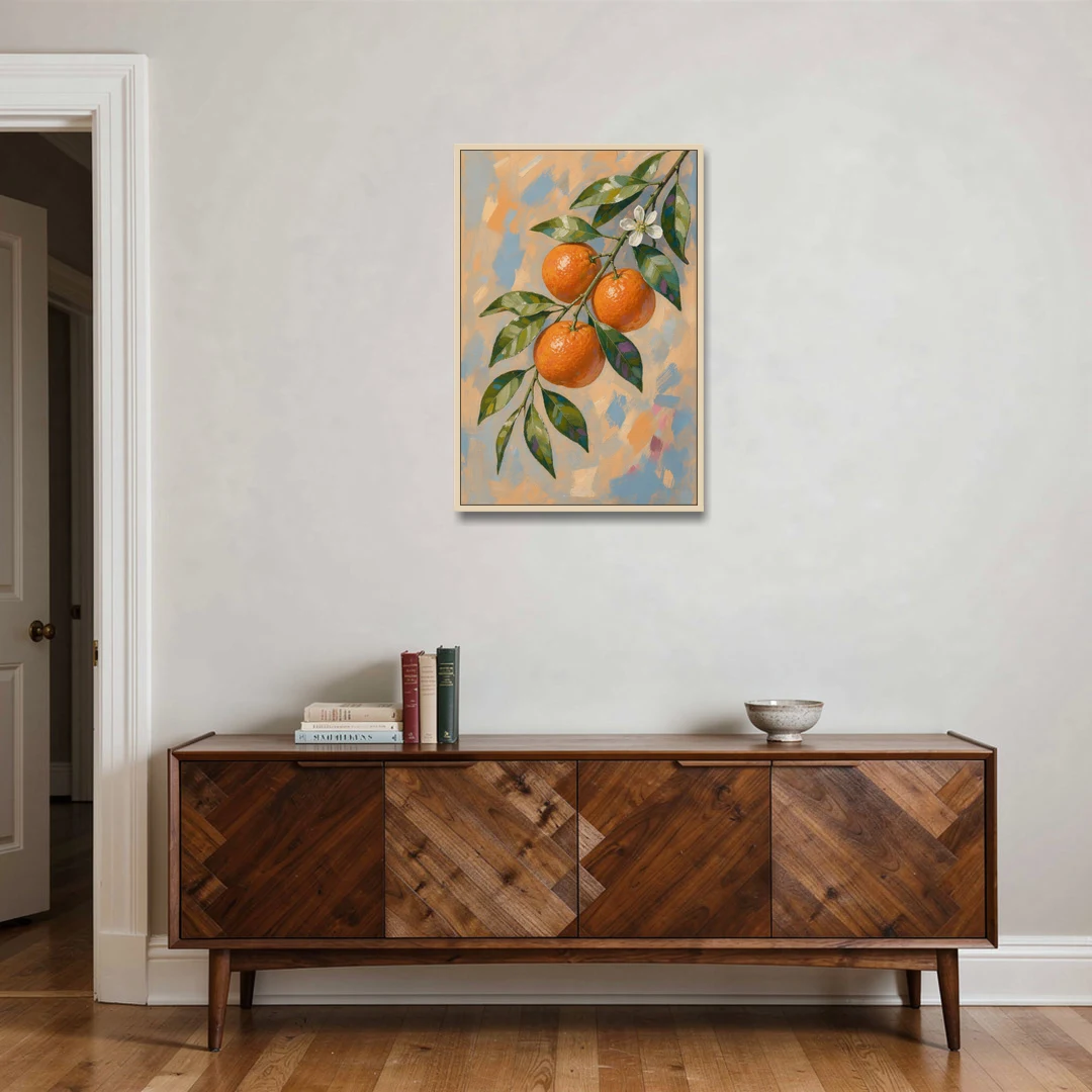 Botanical Art Prints Clementine Branch in Bloom - Oak Framed Canvas Wall Art - Coffee Table - 24x36