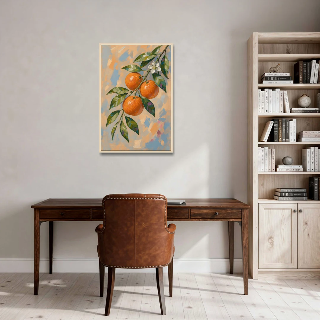 Botanical Art Prints Clementine Branch in Bloom - Oak Framed Canvas Wall Art - Office - 24x36