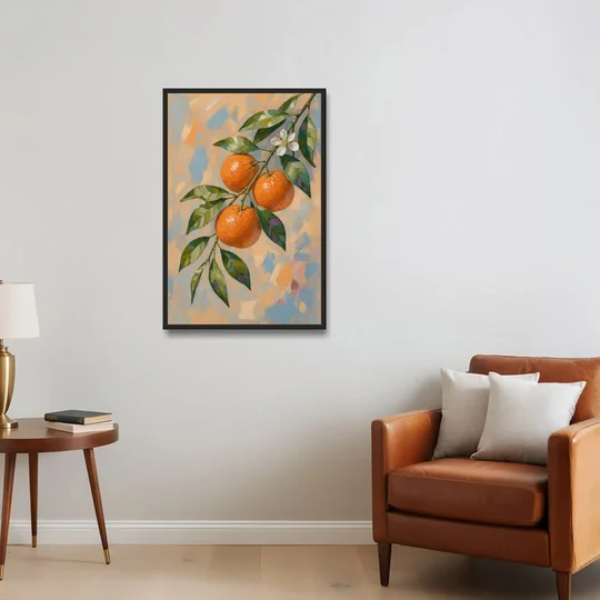Botanical Art Prints Clementine Branch in Bloom - Black Framed Canvas Wall Art - Sofa - 24x36
