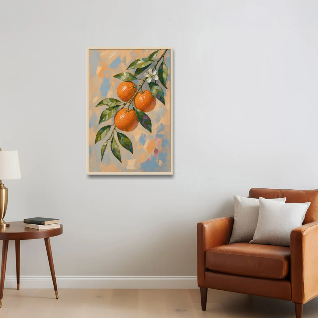 Botanical Art Prints Clementine Branch in Bloom - Oak Framed Canvas Wall Art - Sofa - 24x36