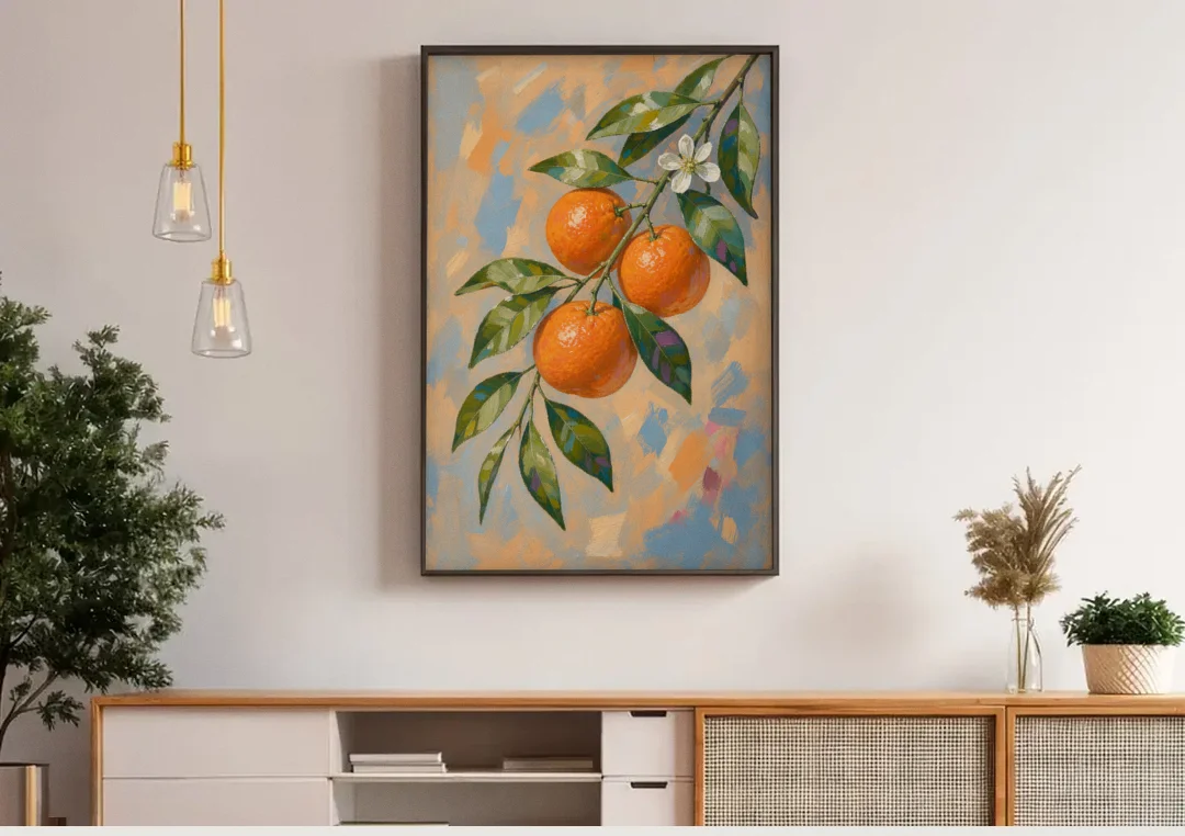 Botanical Art Prints Clementine Branch in Bloom canvas wall art above a wooden sideboard under pendant lights