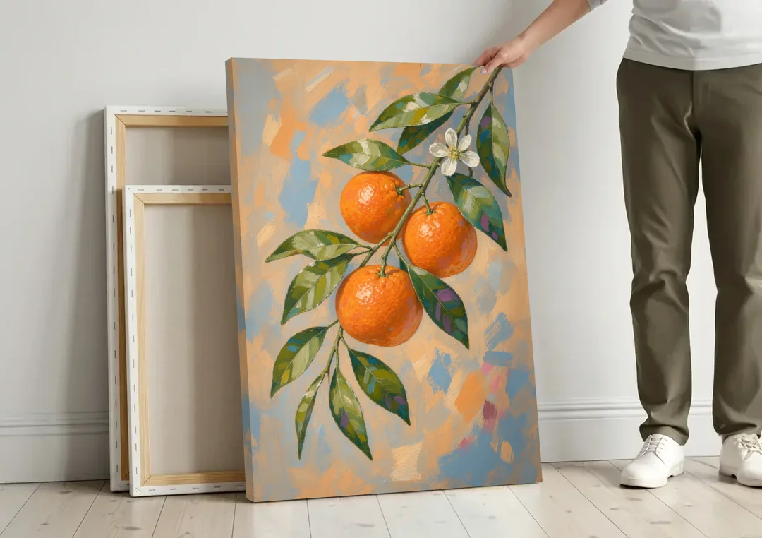 Botanical Art Prints Clementine Branch in Bloom canvas wall art leaning against a wall next to blank canvases