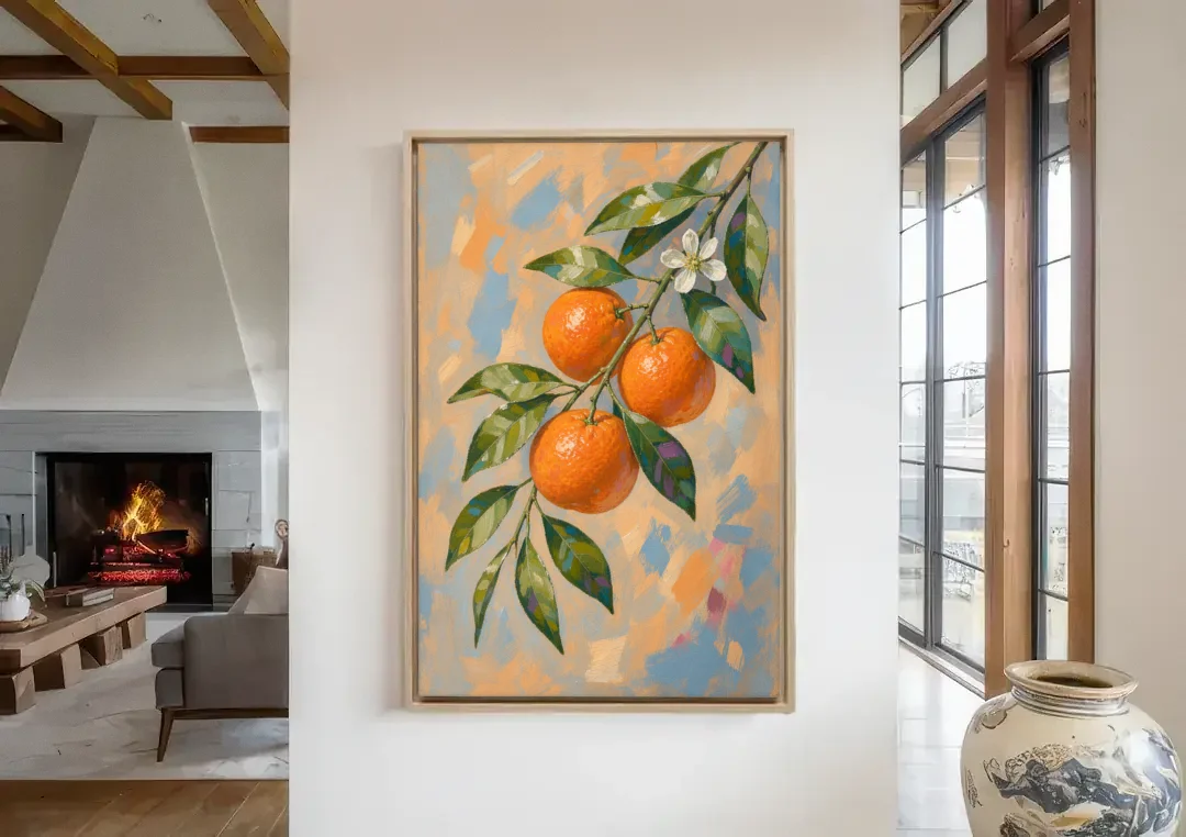 Botanical Art Prints Clementine Branch in Bloom canvas wall art in a living room with a fireplace