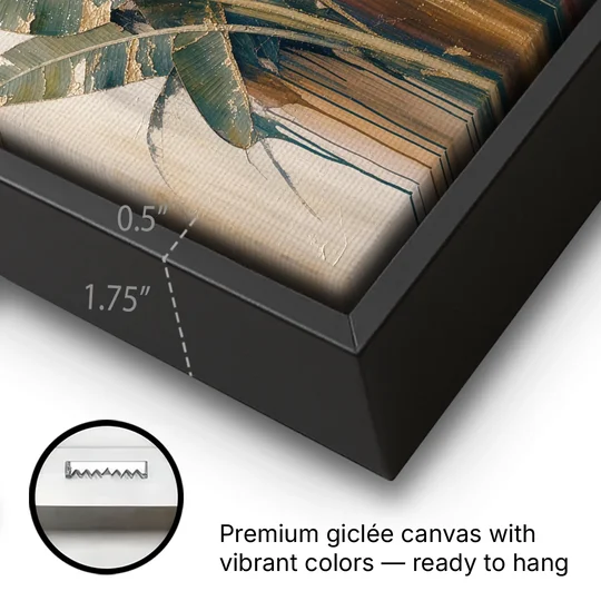 Botanical Gilded Monstera and Banana Leaves for the Bathroom - Black Framed Canvas Wall Art - Gallery Wrap Corner