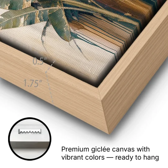 Botanical Gilded Monstera and Banana Leaves for the Bathroom - Oak Framed Canvas Wall Art - Gallery Wrap Corner