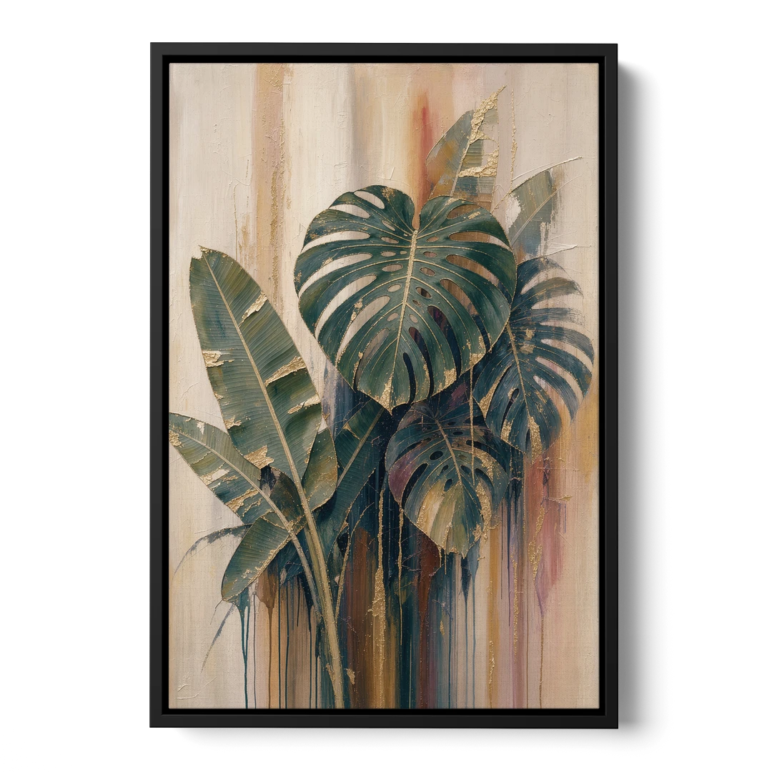 Botanical Gilded Monstera and Banana Leaves for the Bathroom - Black Framed Canvas Wall Art - Front