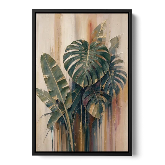 Botanical Gilded Monstera and Banana Leaves for the Bathroom - Black Framed Canvas Wall Art - Front