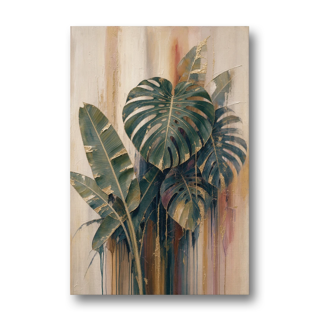 Botanical Gilded Monstera and Banana Leaves for the Bathroom - Canvas Wall Art - Front