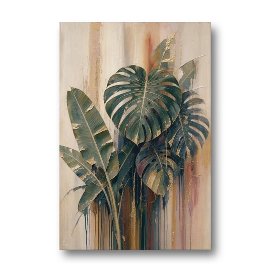 Botanical Gilded Monstera and Banana Leaves for the Bathroom - Canvas Wall Art - Front
