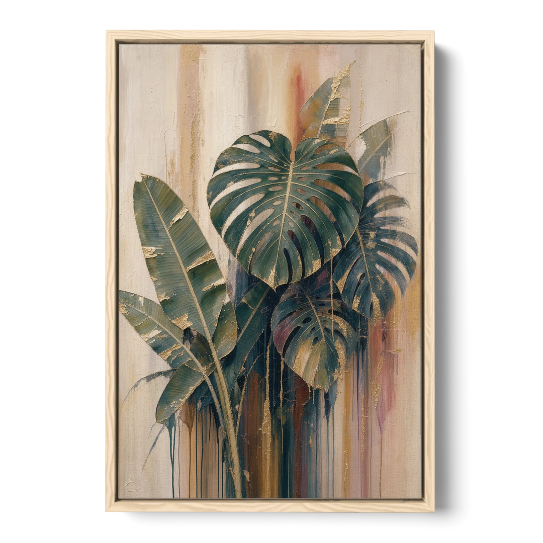 Botanical Gilded Monstera and Banana Leaves for the Bathroom - Oak Framed Canvas Wall Art - Front