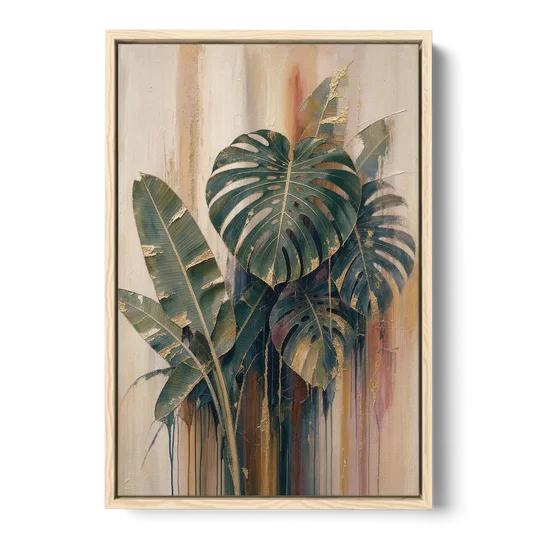 Botanical Gilded Monstera and Banana Leaves for the Bathroom - Oak Framed Canvas Wall Art - Front