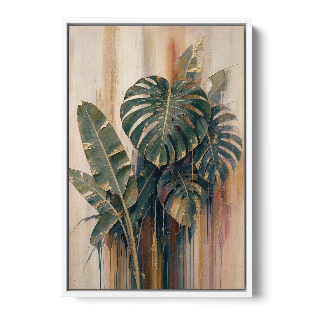 Botanical Gilded Monstera and Banana Leaves for the Bathroom - White Framed Canvas Wall Art - Front
