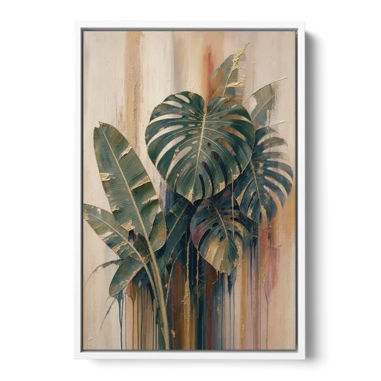Botanical Gilded Monstera and Banana Leaves for the Bathroom - White Framed Canvas Wall Art - Front