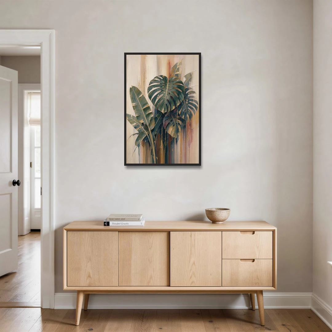 Botanical Gilded Monstera and Banana Leaves for the Bathroom - Black Framed Canvas Wall Art - Coffee Table - 24x36