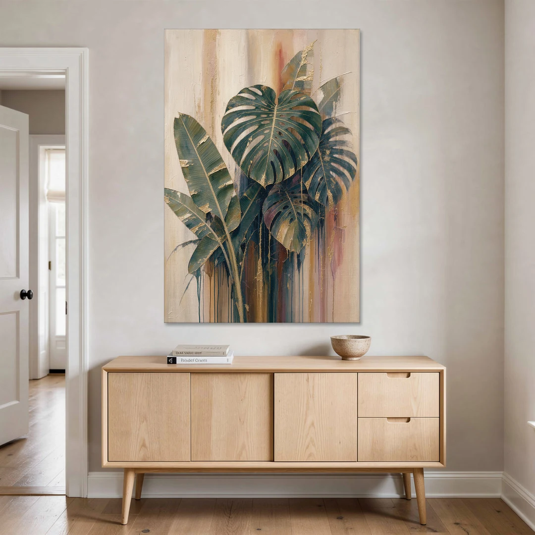 Botanical Gilded Monstera and Banana Leaves for the Bathroom - Canvas Wall Art - Coffee Table - 40x60