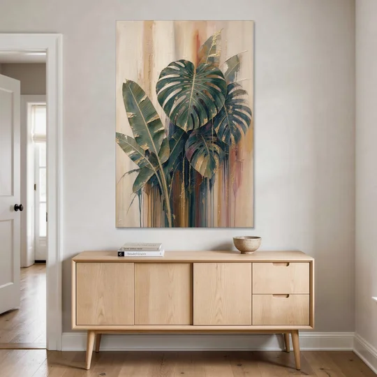 Botanical Gilded Monstera and Banana Leaves for the Bathroom - Canvas Wall Art - Coffee Table - 40x60