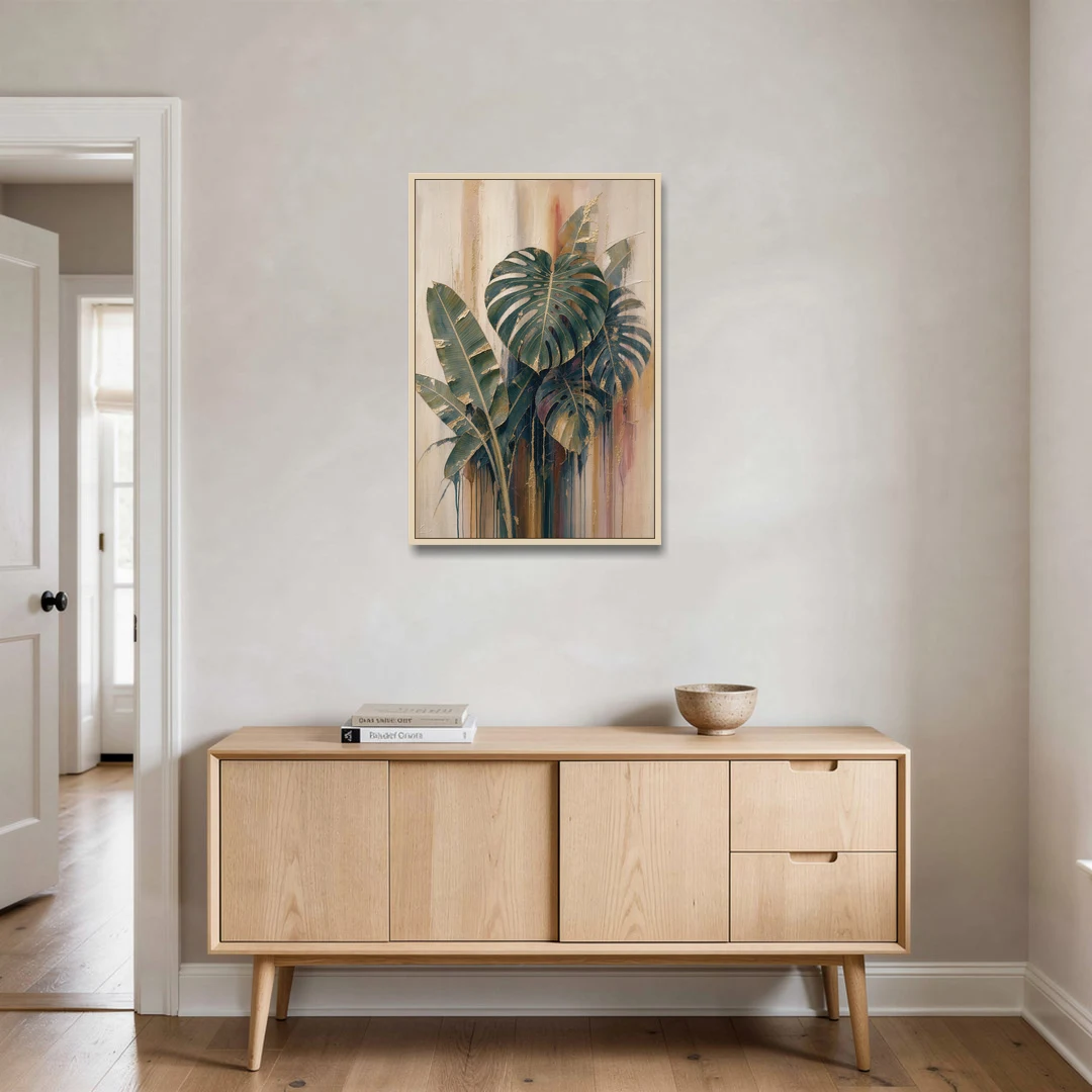 Botanical Gilded Monstera and Banana Leaves for the Bathroom - Oak Framed Canvas Wall Art - Coffee Table - 24x36