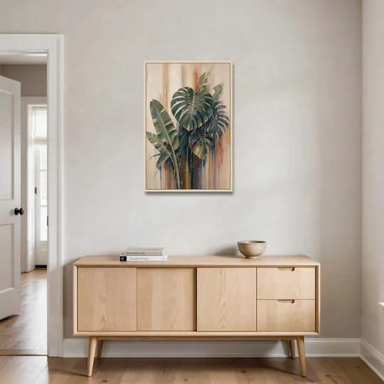 Botanical Gilded Monstera and Banana Leaves for the Bathroom - Oak Framed Canvas Wall Art - Coffee Table - 24x36