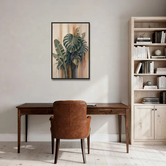 Botanical Gilded Monstera and Banana Leaves for the Bathroom - Black Framed Canvas Wall Art - Office - 24x36