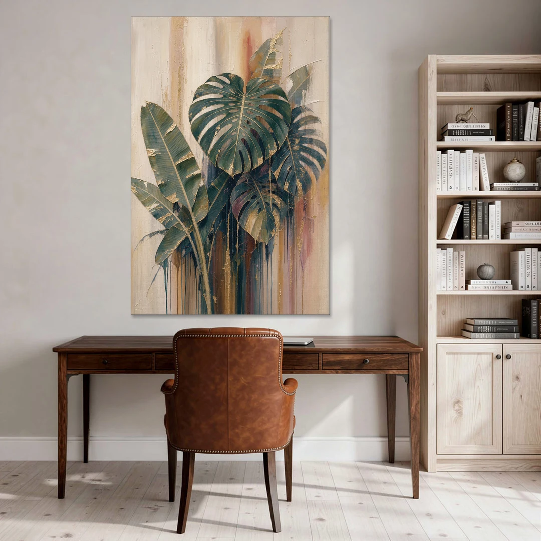 Botanical Gilded Monstera and Banana Leaves for the Bathroom - Canvas Wall Art - Office - 40x60