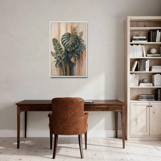 Botanical Gilded Monstera and Banana Leaves for the Bathroom - White Framed Canvas Wall Art - Office - 24x36