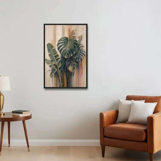 Botanical Gilded Monstera and Banana Leaves for the Bathroom - Black Framed Canvas Wall Art - Sofa - 24x36