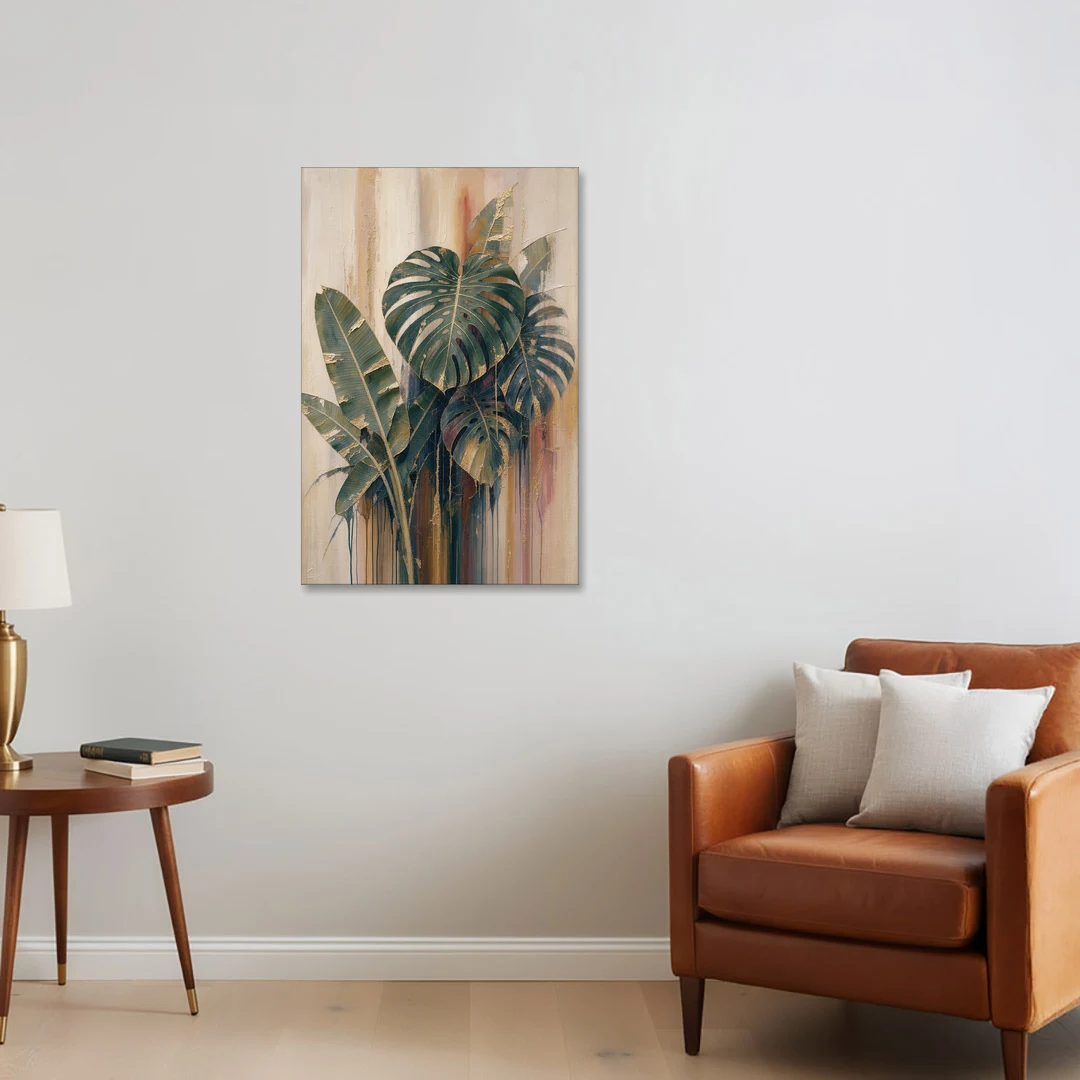 Botanical Gilded Monstera and Banana Leaves for the Bathroom - Canvas Wall Art - Sofa - 24x36
