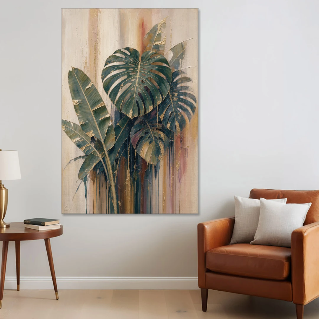Botanical Gilded Monstera and Banana Leaves for the Bathroom - Canvas Wall Art - Sofa - 40x60