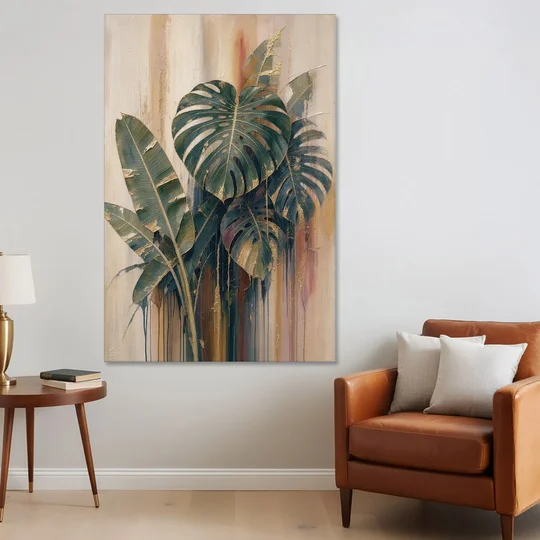 Botanical Gilded Monstera and Banana Leaves for the Bathroom - Canvas Wall Art - Sofa - 40x60