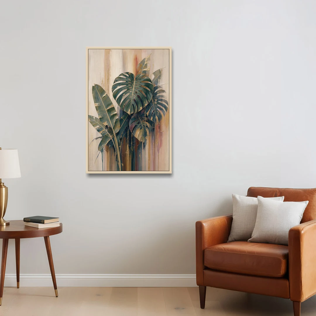 Botanical Gilded Monstera and Banana Leaves for the Bathroom - Oak Framed Canvas Wall Art - Sofa - 24x36