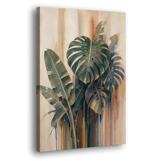 Botanical Gilded Monstera and Banana Leaves for the Bathroom - Canvas Wall Art - Side