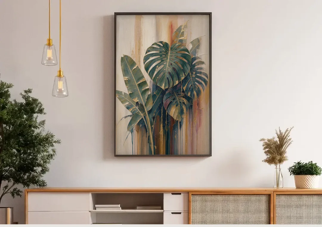 Botanical Gilded Monstera and Banana Leaves for the Bathroom canvas wall art above a wooden sideboard under pendant lights