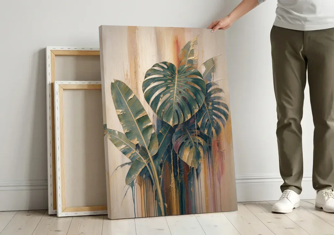 Botanical Gilded Monstera and Banana Leaves for the Bathroom canvas wall art leaning against a wall next to blank canvases