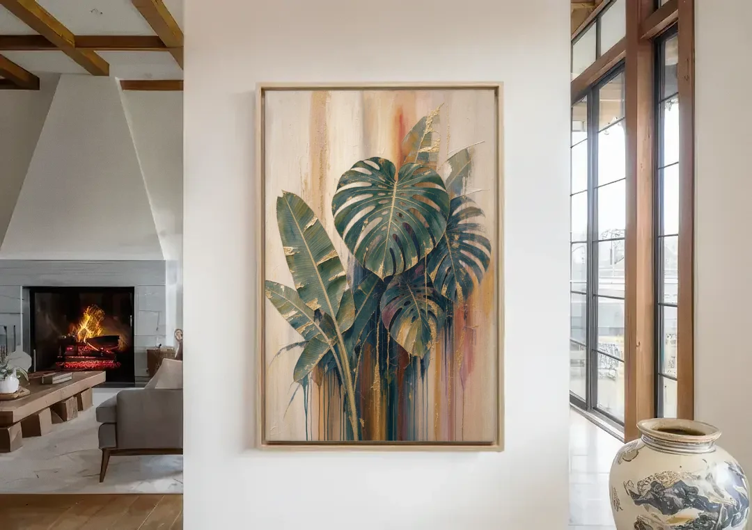Botanical Gilded Monstera and Banana Leaves for the Bathroom canvas wall art in a living room with a fireplace