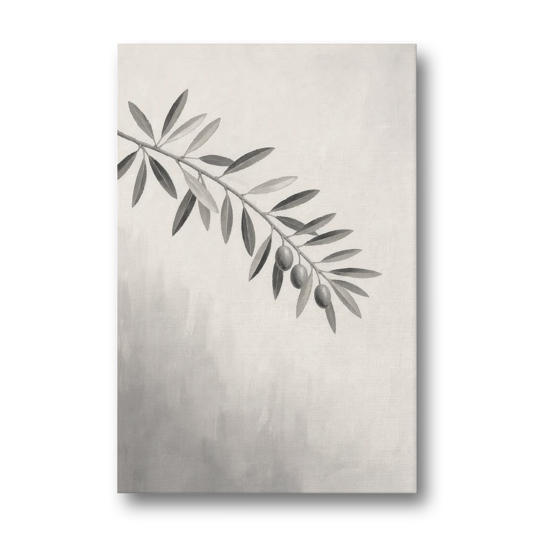 Botanical Paintings Olive Branch in Soft Grey - Canvas Wall Art - Front