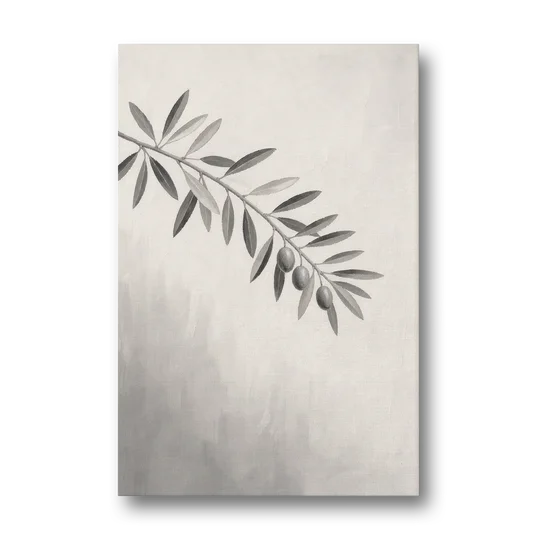 Botanical Paintings Olive Branch in Soft Grey - Canvas Wall Art - Front