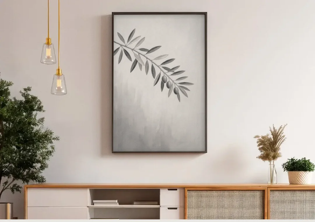 Botanical Paintings Olive Branch in Soft Grey canvas wall art above a wooden sideboard under pendant lights