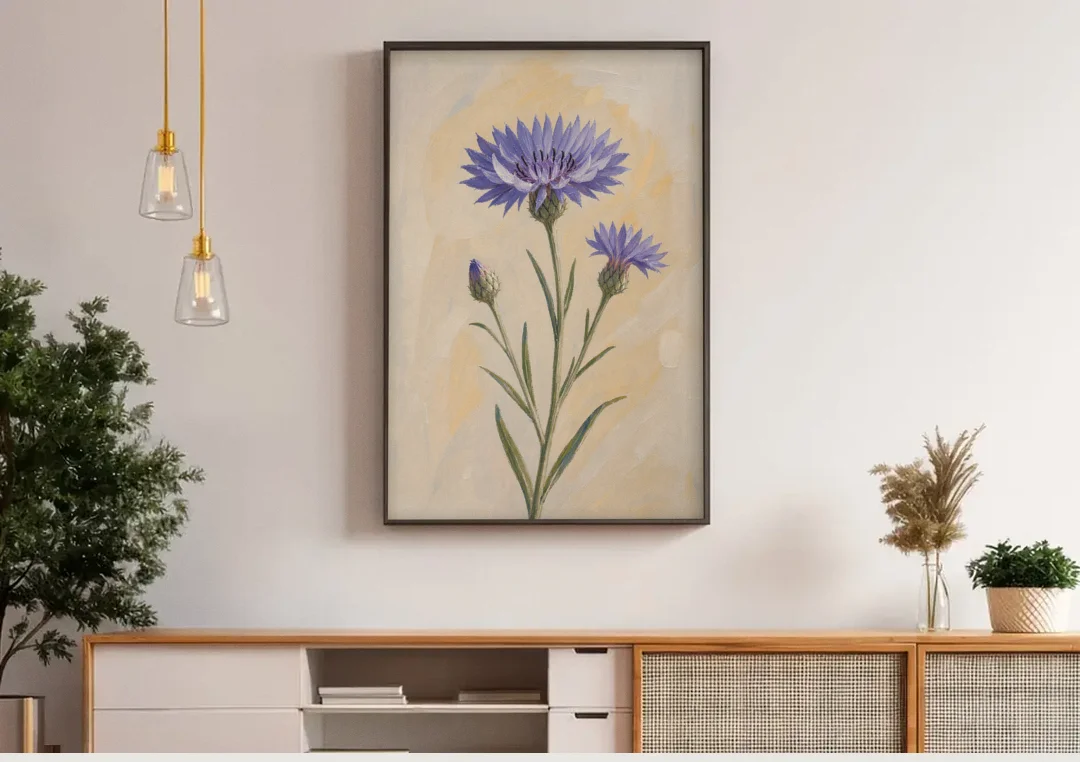 Botanical Wall Art Set of 3 with Wild Cornflower canvas wall art above a wooden sideboard under pendant lights