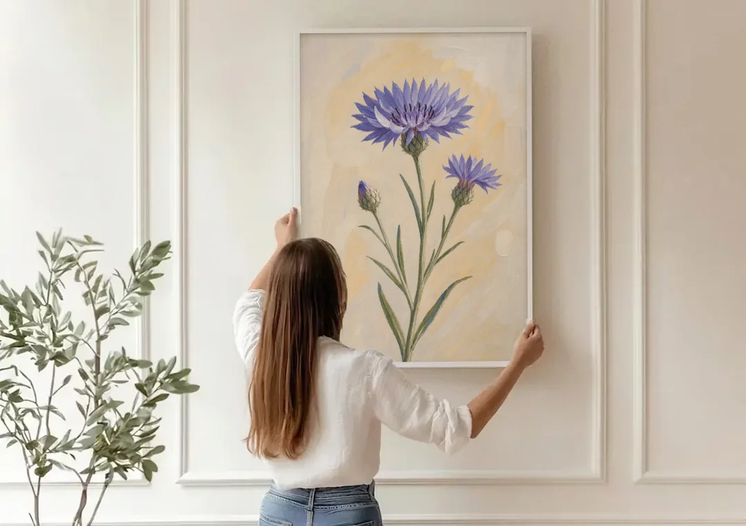 Botanical Wall Art Set of 3 with Wild Cornflower canvas wall art being hung on a paneled wall