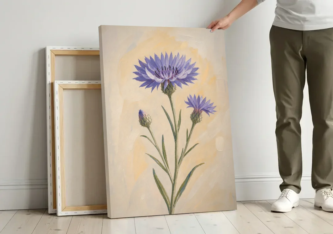 Botanical Wall Art Set of 3 with Wild Cornflower canvas wall art leaning against a wall next to blank canvases