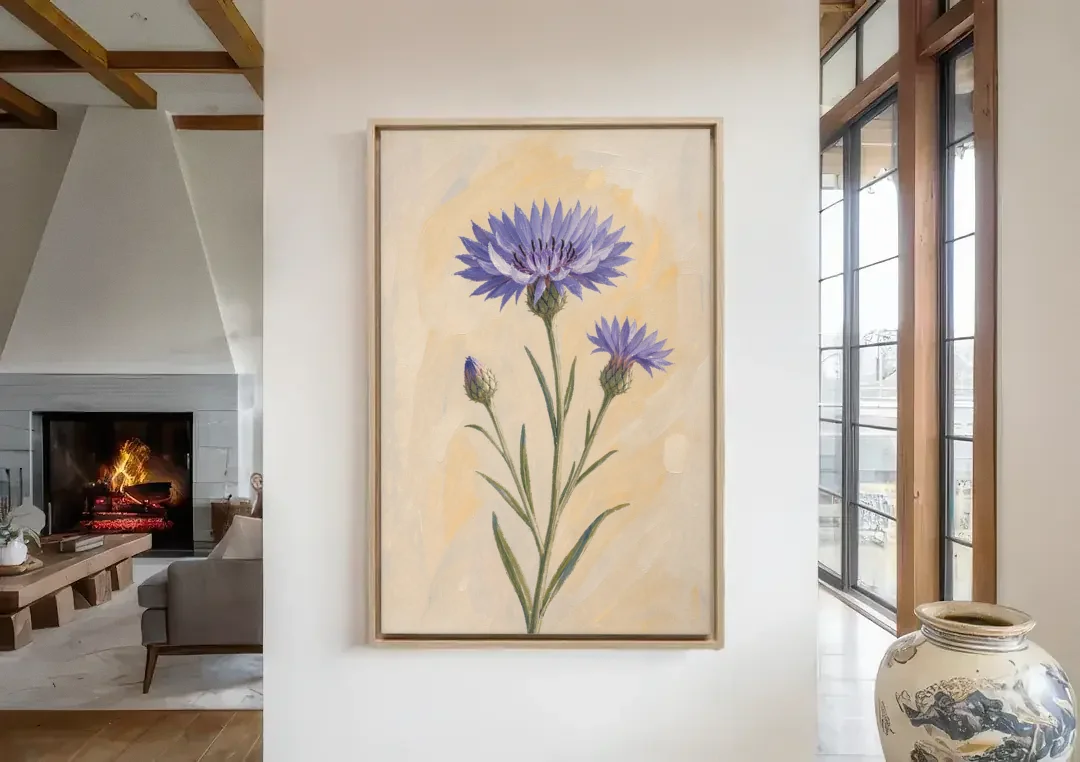 Botanical Wall Art Set of 3 with Wild Cornflower canvas wall art in a living room with a fireplace