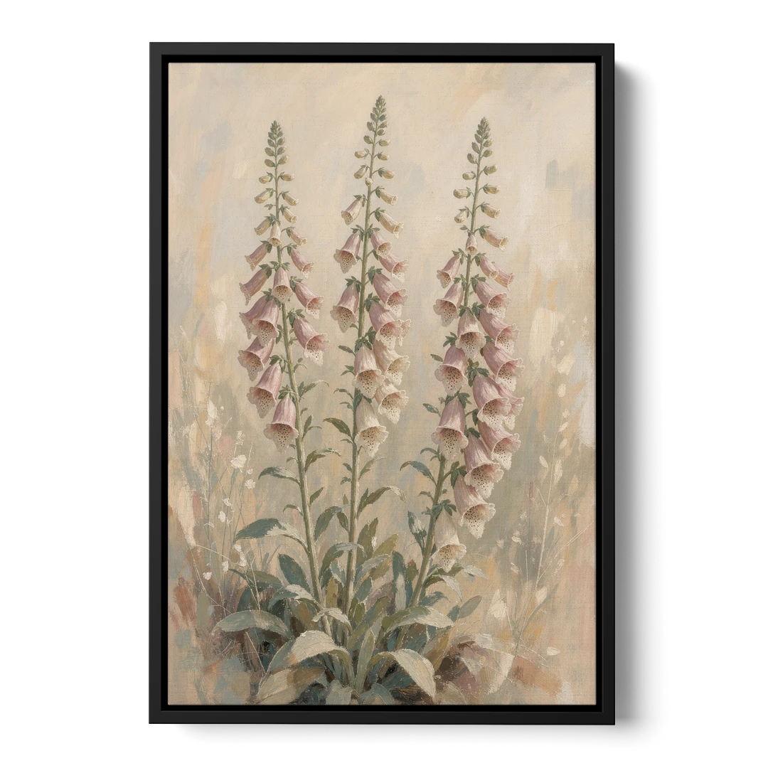 Botanical Wall Decor with Three Foxglove Spires - Black Framed Canvas Wall Art - Front